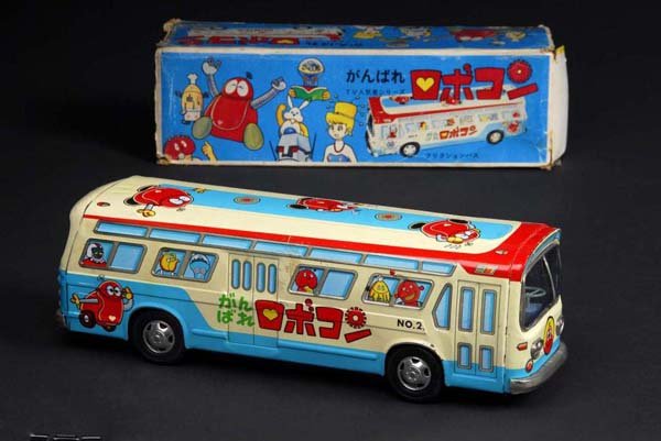 Robocon Bus Toy.: Description Japanese. Made by Masudaya. Working. When in operation, toy rolls forward via friction motor. Some glue residue on one side. Includes original box missing all end flaps on one side and one