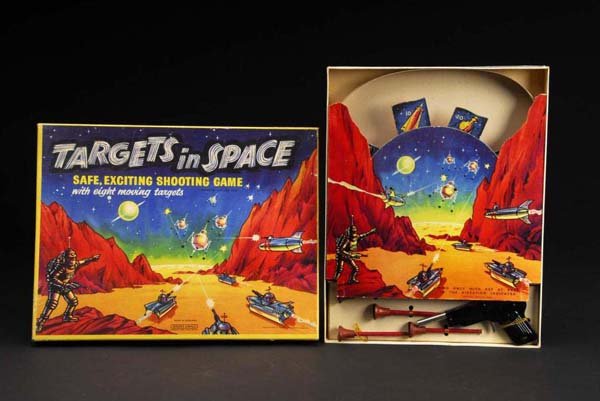 Targets in Space Shooting Game.: Description English. Working but mechanism moves sluggishly. Contents include original dart gun and four darts. Includes original box, instruction sheet, and inserts with beautiful colored lithography