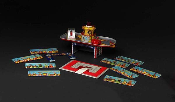 Tin Litho Superior Space Port Toy.: Description Crank on right side sounds the space alarm. Nice lithography but incomplete and missing bulb on top. Condition (Very Good). Size 16" x 12".