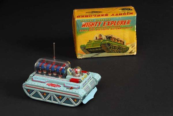 Mighty Explorer Toy.: Description Japanese. Made by Yonezawa. Working. When in operation, vehicle moves with bump and go action while pistons move up and down and illuminate. Includes original box with some edge wear and o