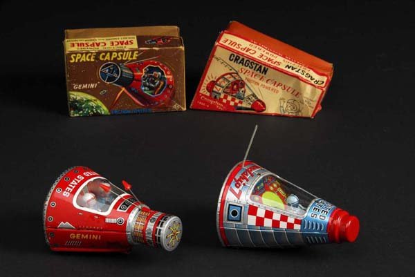 Lot of 2: Tin Space Capsule Friction Toys.: Description Japanese. Both are working. Includes one Friendship 7 and one United States Gemini. Includes two original boxes with nice graphics. Condition (Excellent). Size Both: 6" L.