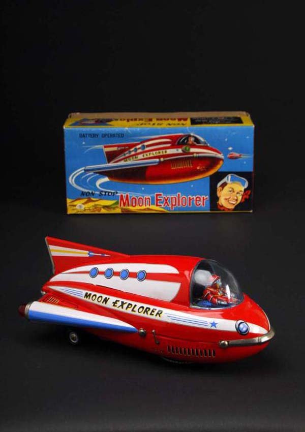 Moon Explorer Toy.: Description Japanese. Made by Masudaya. Working. When in operation, spaceship travels with mystery action while tail lamps illuminate. Red tail lamp is not flashing. Includes original box with minor c