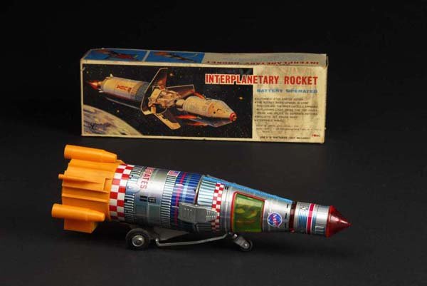 Interplanetary Rocket Toy.: Description Japanese. Made by Yonesowa. Not working. Wheels are loose and discoloration throughout. Includes original box with fading and wear. Condition (Good). Size 14" L.