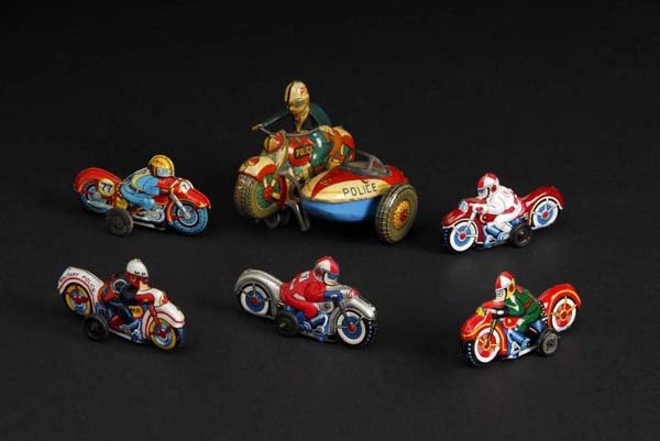 Lot of 6: Tin Motorcycle Friction & Wind-Up Toys.: Description Japanese. All are working. Includes one motorcycle with sidecar. One friction motorcycle is missing a rear rubber wheel and all have some wear throughout. Condition (Very Good). Size Large