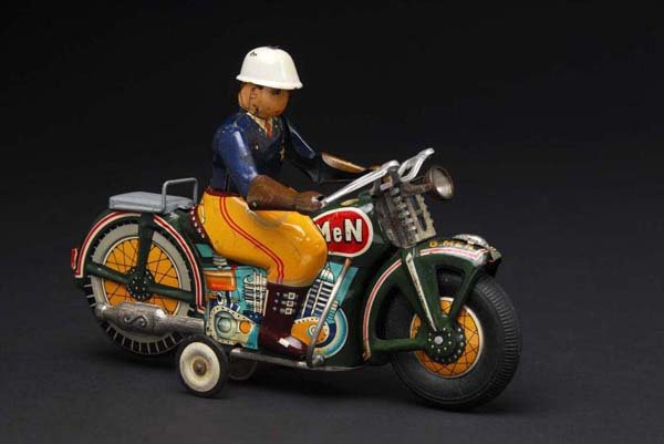 Tin G-Men Motorcycle Friction Toy.: Description Japanese. Working. Makes siren noise when pushed forward. Original front headlight. Some oxidation to bare metal parts with moderate overall wear to lithography. Condition (Very Good). Siz