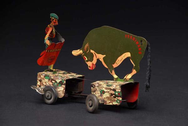 Tin Marx Ferdinand the Bull & Matador Wind-Up Toy: Description American. Working. Marked "1938 Walt Disney Enterprises". Original tail. Minor to moderate wear. Condition (Excellent). Size 7" L.