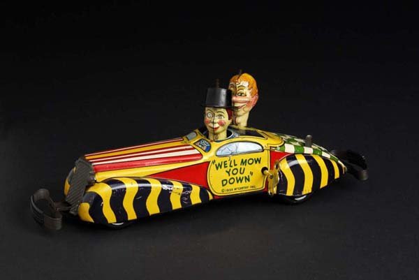 Tin Marx Charlie McCarthy & Snerd Private Car Toy: Description American. Wind-up mechanism is working but occasionally slips. Marked "1939 McCarthy Inc.", "Charlie McCarthy & Mortimer Snerd Private Car" on one side of door, and "We'll Mow You Down" on