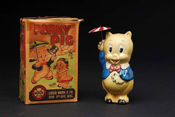 Tin Marx Porky Pig Wind-Up Toy.: Description American. Working. Marked "1939 Leon Schlesinger" on rear. Some minor to moderate scratching and wear. Includes original box with beautiful colored graphics but one inside flap is detached