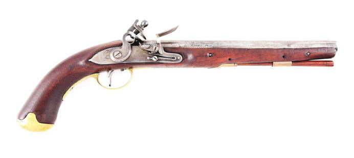 (A) JOSEPH HENRY FLINTLOCK CONTRACT PISTOL.: This pistol, of the 1807 style, has no "US" markings on the lock. The tapered round barrel is stamped deeply with a sunken oval cartouche with a raised "P". The flat lockplate has beveled edges and