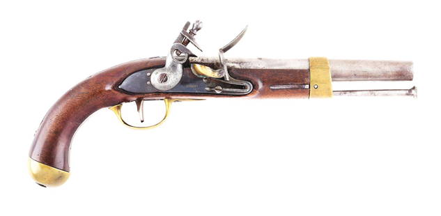 (A) RARE EVANS 1814 FLINTLOCK MILITIA CONTRACT PISTOL.: For another example see pages 292-293 of "Historic Pistols" by Smith & Bitter. There are only 11 examples known. Like the example in the book, the underside of the tapered round barrel is stamped "P