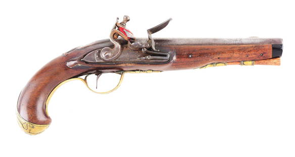 (A) PATRIOTIC FLINTLOCK PISTOL ATTRIBUTED TO HALBACH.: For a signed nearly identical Halbach pistol, see number 51 on page 60 of "The Kentucky Pistol" by Chandler & Whisker. The round tapered barrel is engraved with floral designs and a sunburst around