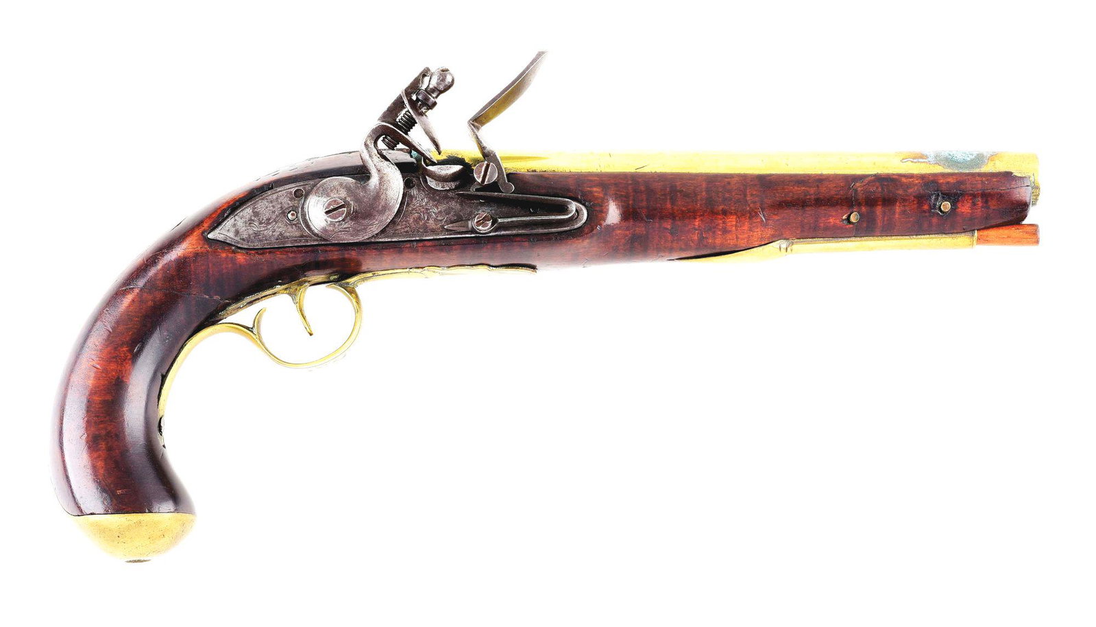 (A) UNSIGNED BRASS BARRELED FLINTLOCK KENTUCKY PISTOL.: Probably New England c. 1780-1800. The pistol features a round tapered unmarked brass barrel. The imported lock is probably English and features scroll engraving in the center and at the tail. The bra