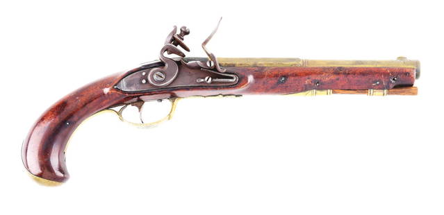 (A) BRASS BARRELED FLINTLOCK KENTUCKY PISTOL SIGNED J.: For a nearly identical signed Jacob Kunz pistol, see number 78 on page 92 of "The Kentucky Pistol" by Chandler & Whisker. This pistol has a two-stage brass barrel, stamped on the top flat "J. KUNS