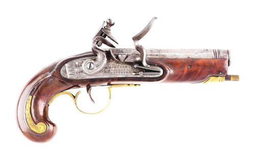 (A) SMALL FLINTLOCK KENTCUKY PISTOL BY HENRY YOUNG.: This small pistol has a mostly octagon barrel with a series of turnings and a small round section at the muzzle. The top flat is engraved with scrolls and inscribed "HY", probably for Henry Young.