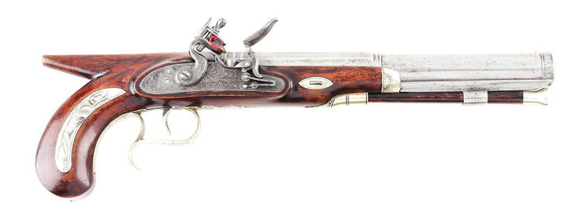 (A) AMERICAN SILVER MOUNTED SAW HANDLE FLINTLOCK: For another nearly identical pistol, see next lot. Henry T. Cooper worked in New York in the early to mid 19th Century. This pistol has a fine two-stage barrel with elaborate stiff leaf engraving and