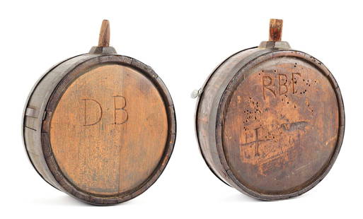 LOT OF 2: REVOLUTIONARY WAR ERA WOODEN CANTEENS.: Lot consists of: (A) Measures 7" x 3". It displays a raised carved spout with a plug and two iron bands secured by early nails. This canteen has a crudely carved "RBF" with "A*R" on the opposite