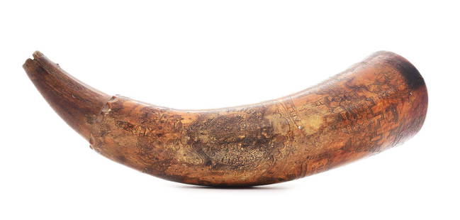 ENGRAVED PHILADELPHIA MAP POWDER HORN OF JOHN: Inscriptions include "INo PURVIANCE / ANNO 1768" in banner, "DIEU ET MON DROIT" in banner, "PHILADELPHIA" in banner, "MON SOIT QVI MAL Y PENSE" in crest, "R". The city of Philadelphia is depicted, as