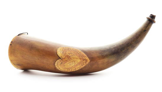 IMPORTANT ENGRAVED POWDER HORN OF CAPTAIN ABRAHAM FOOT,: This horn is featured in plate 28 on page 31 of "American Engraved Powder Horns: The Golden Age 1755/1783" by John S. du Mont. The horn is also featured as No. 7 on pages 129 and 131 of "The New