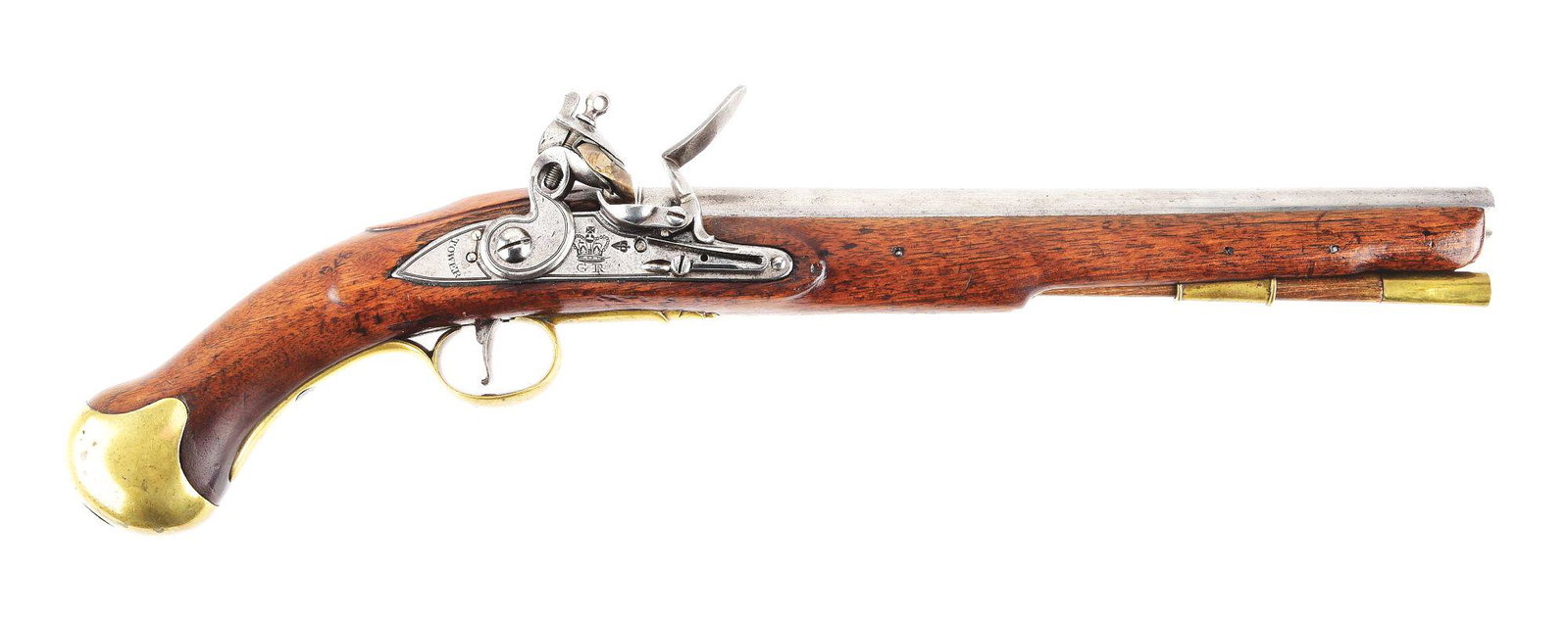 (A) FINE NAPOLEONIC BRITISH PATTERN 1801 FLINTLOCK SEA: For another example see figure 58 on page 150-151 of "British Military Pistols" by Robert Brooker. The tapered round barrel has two British ordnance proofs on the left side towards the breech as well 