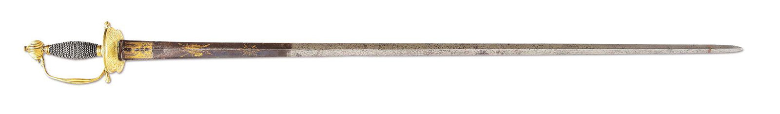 GILT BRASS GERMAN OFFICER'S SMALL SWORD WITH MILITARY: This exquisite example dates to the Revolutionary War period. The tapered diamond section double edged blade has a 10" blued section on both sides featuring engraved and gilded designs. Both sides fea