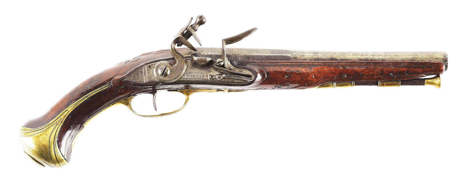 (A) FRENCH FLINTLOCK OFFICER'S PISTOL BY JACQUES: Probably c. 1740, the tapered iron barrel has a facetted breech section engraved with gilded designs. The flat lock has beveled edges and a stepped and molded tail section engraved with scroll motifs.