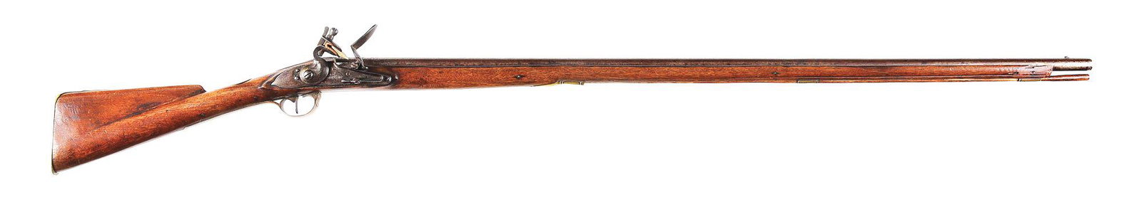 (A) AMERICAN ASSEMBLED SHORT LAND PATTERN FLINTLOCK: Of the Committee of Safety style, Probably New England. The musket features a round unmarked smoothbore barrel of American manufacture with bayonet lug mounted on top. The rounded lockplate is stamped