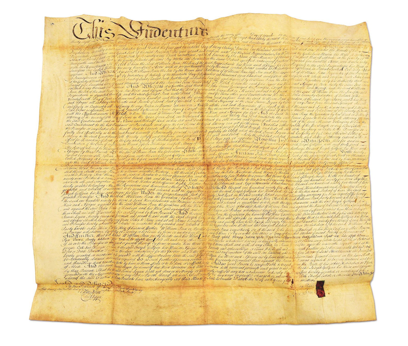 SHEEPSKIN 1738 WILLIAM PENN SIGNED DEED.: Original William Penn Deed to Joseph Gillpin for 195 acres from the section known as Steining Mannor which extended into New Castle and Chester Counties. "Price paid - one shilling for every 100 acres