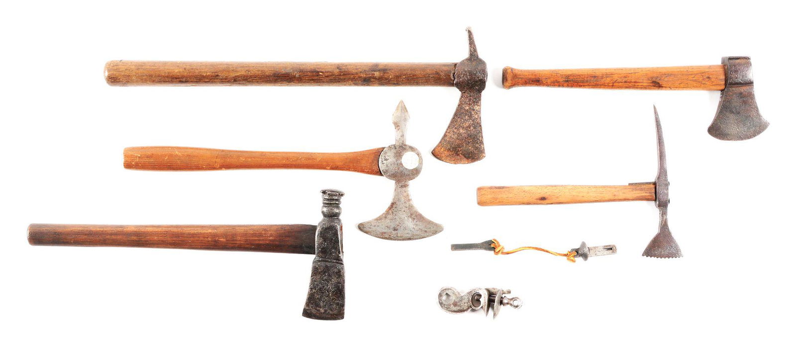 LOT OF 7: TOMAHAWKS AND MUSKET PARTS.: Lot consists of: A) Semi spike tomahawk 6" x 2 1/2". Round eye with slightly flared ears with 5/8" wide and 1 1/4" flat-topped spike, and old 15 1/2" haft. Would still be a nasty weapon but also a use