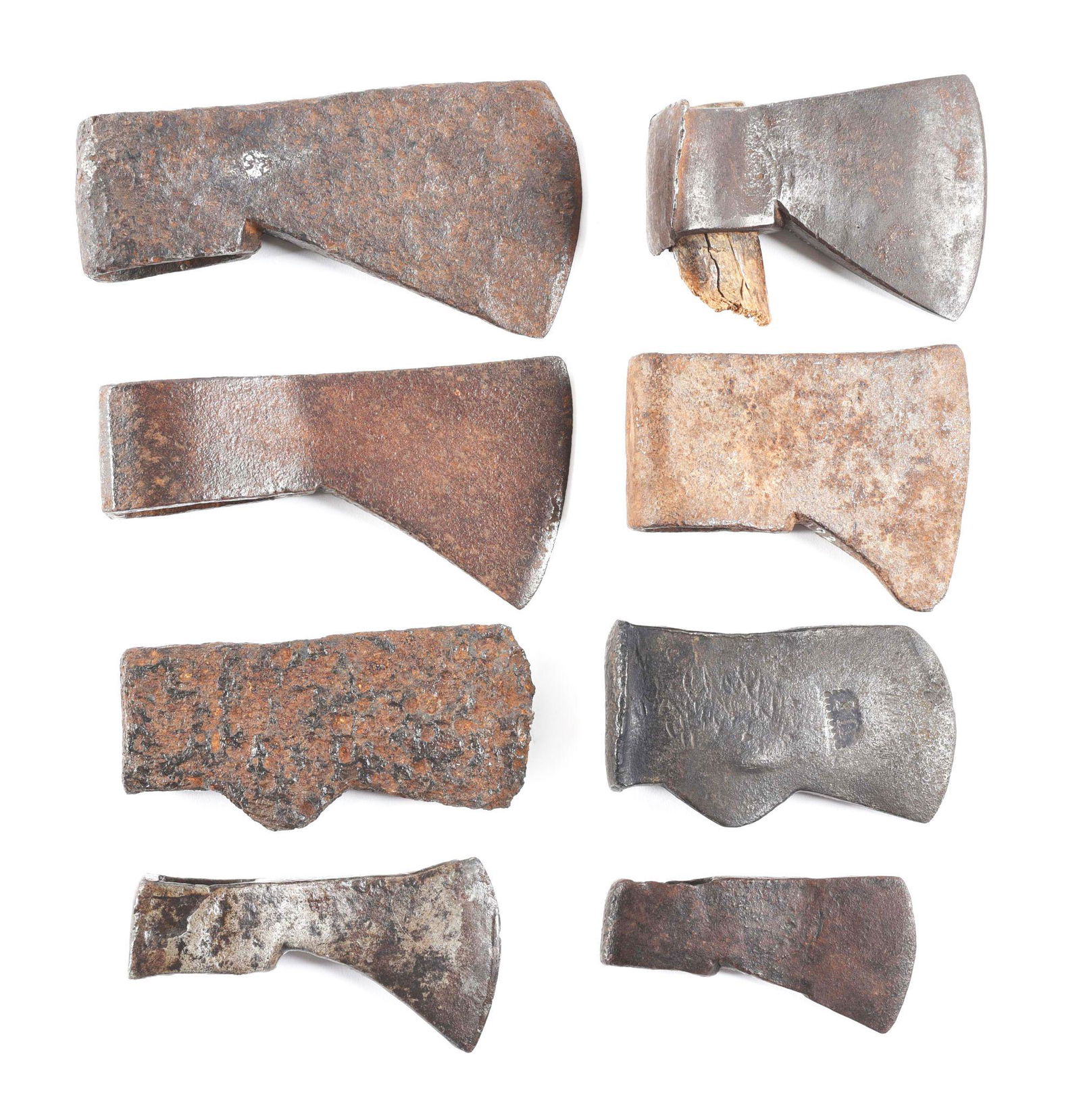 LOT OF 8: EARLY AX HEADS.: Lot consists of :(A) Felling axe, 6 1/2" x 3 1/4" with early maker mark, oval socket, very early pre colonial trade axe from early to mid 17th century from Senenca Indian "Beal" site in Rochester, NY,