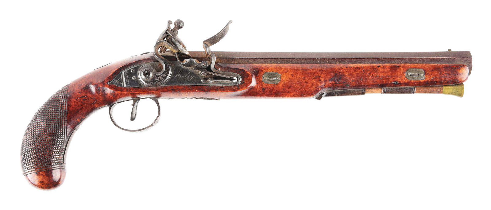 (A) NORTH AMERICAN STOCKED KENTUCKY DUELING PISTOL: The smoothbore octagon barrel is inscribed "Muley Dublin" on the top flat and private British view and proof marks on the left side of the breech. The front sight is brass and the back sight is iron m