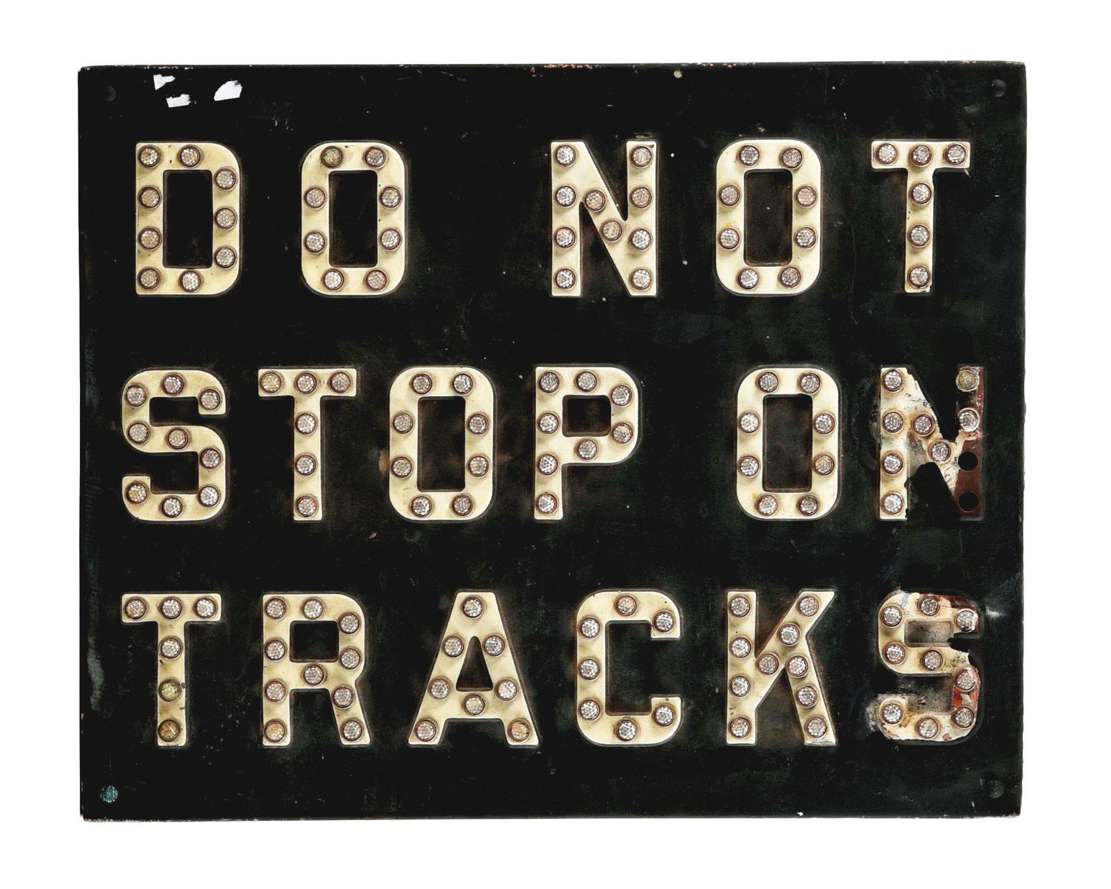 DO NOT STOP ON TRACKS.: Glass cat-eye marbles imbedded in lettering, two missing. Condition: (6.0). Dimensions: 20 - 1/2" x 25 - 1/2".