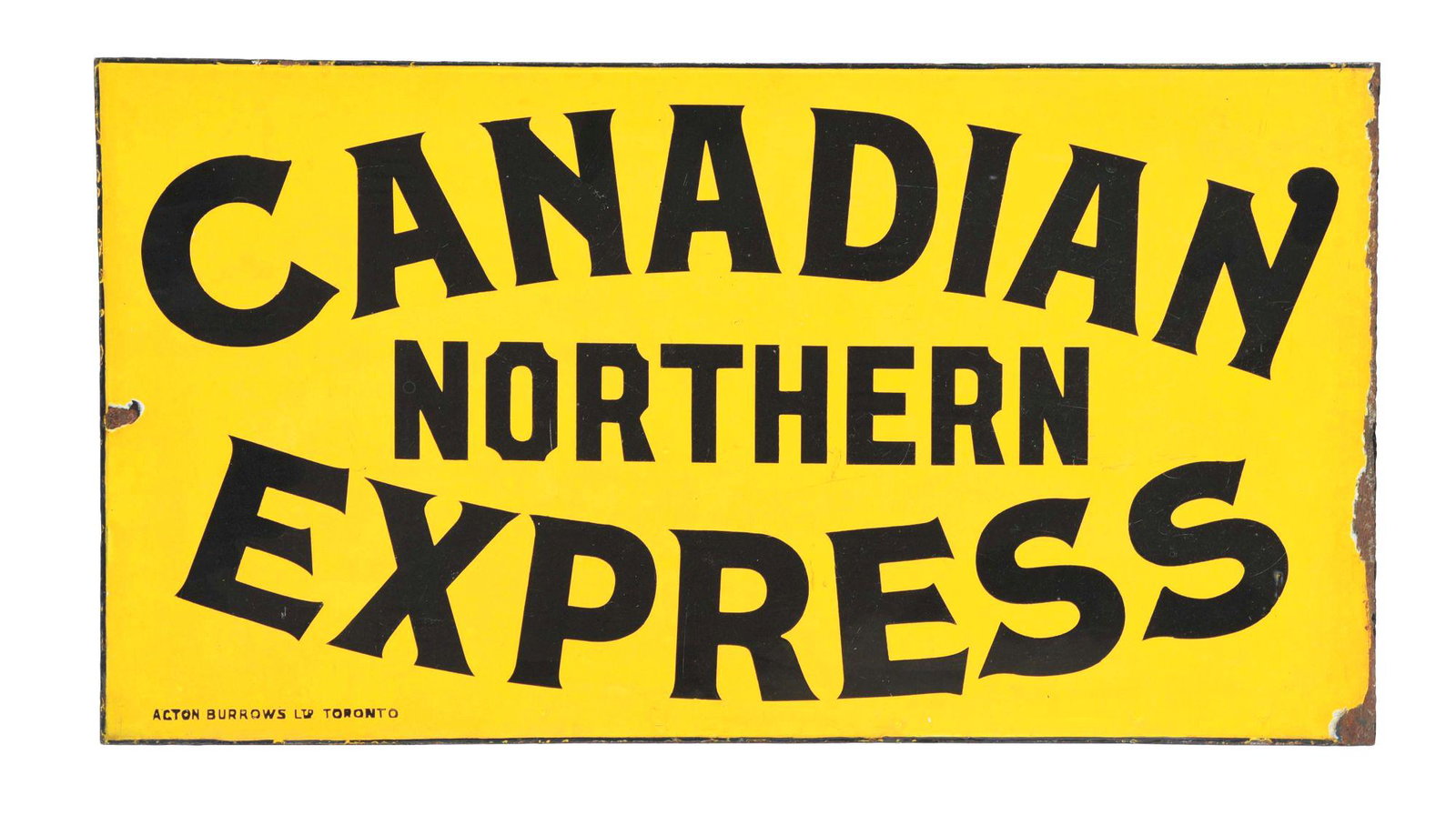 CANADIAN NORTHERN EXPRESS PORCELAIN SIGN.: DSP. Sign is Maker Marked Acton Burrows LTD, Toronto. A very nice displaying sign from Canadian Northern Express. Side one shows excellent color & gloss throughout the field showing some light surface