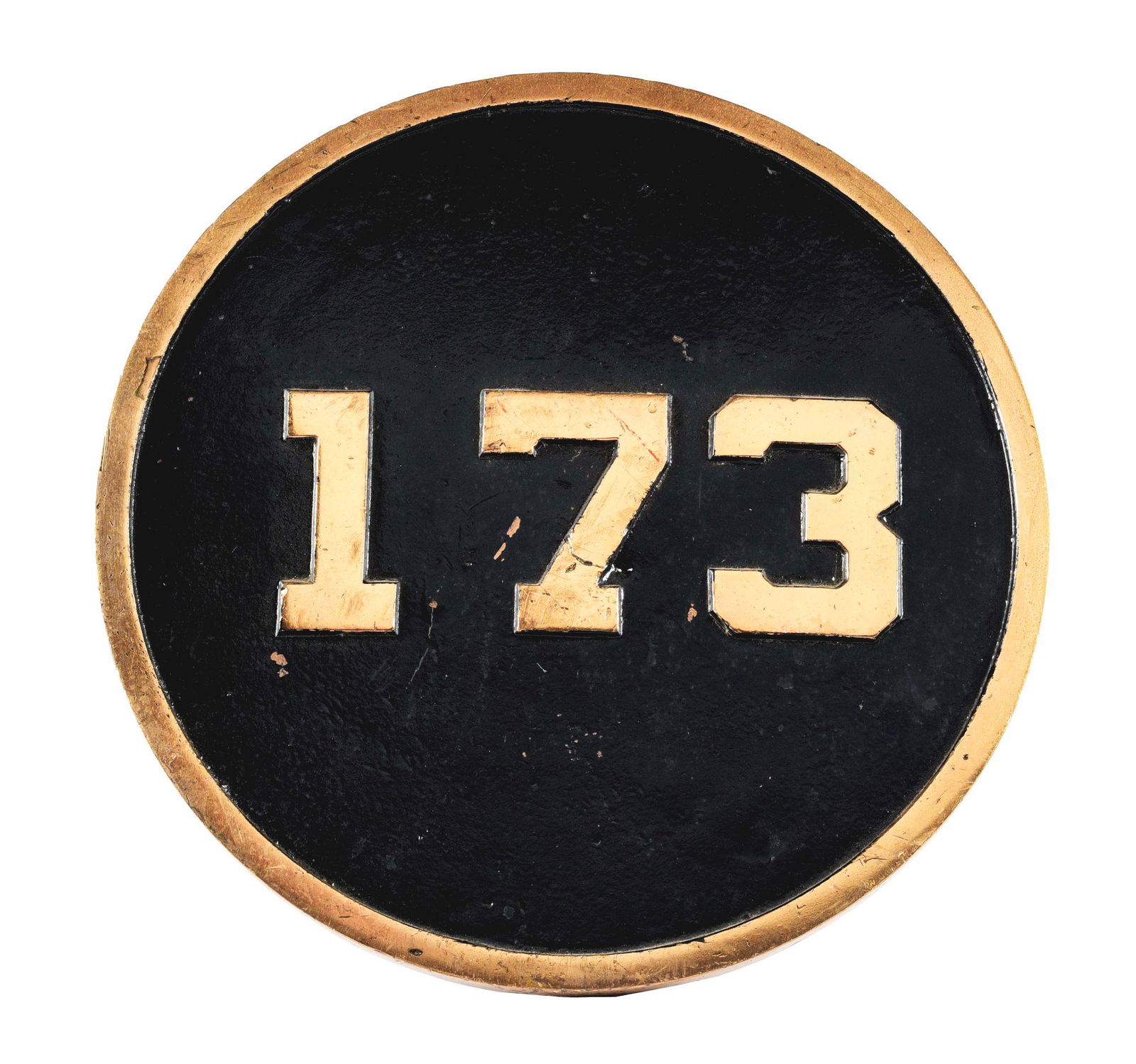 BALTIMORE & OHIO 4-6-0 CAMELBACK NUMBER PLATE.: Original Baltimore & Ohio round number plate from road No. 173. From a rare 4-6-0 Camelback Locomotive built in 1873 by the B&O's own Mount Clare Shops. Rare piece of B&O history. Condition: (Excellen