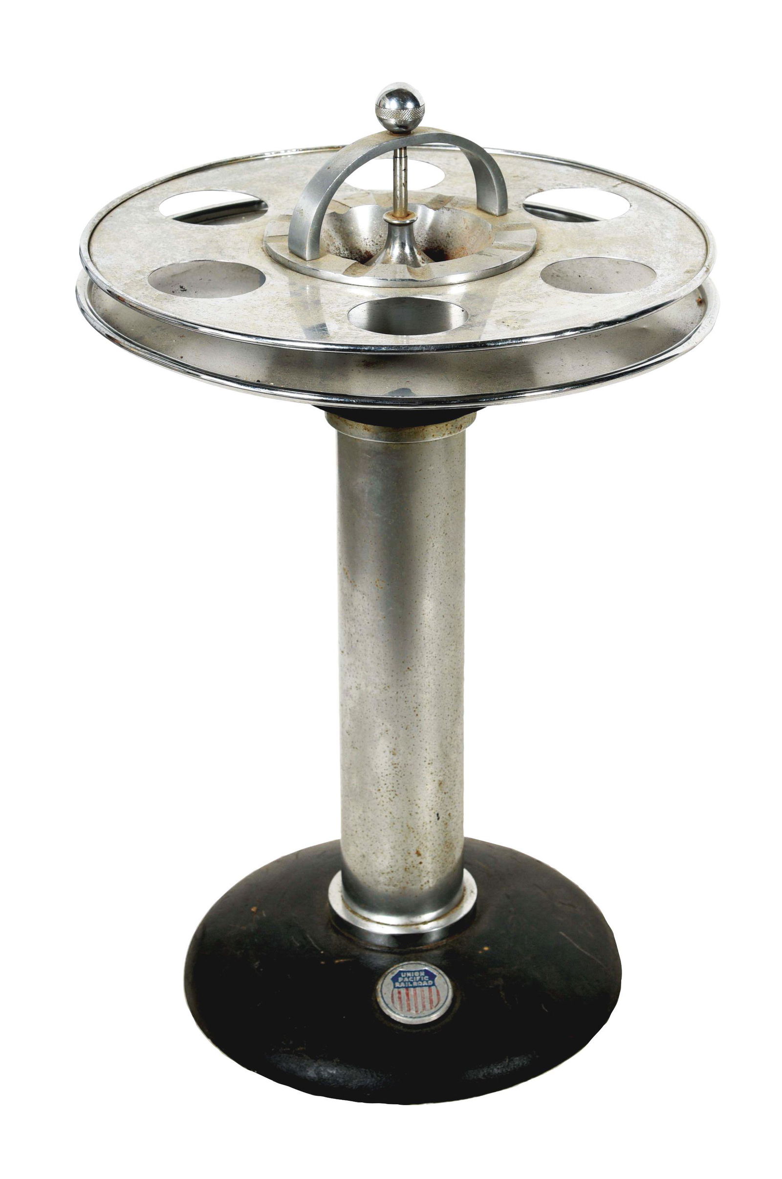 UNION PACIFIC LOUNGE CAR DRINK STAND AND ASH RECEIVER.: Marked with "UP shield logo" in medallion on heavy base. Six drink receptacles in aluminum top with ash receptacle in center. Fantastic overall condition. Condition: (Very Good). Dimensions: 26" x 15"