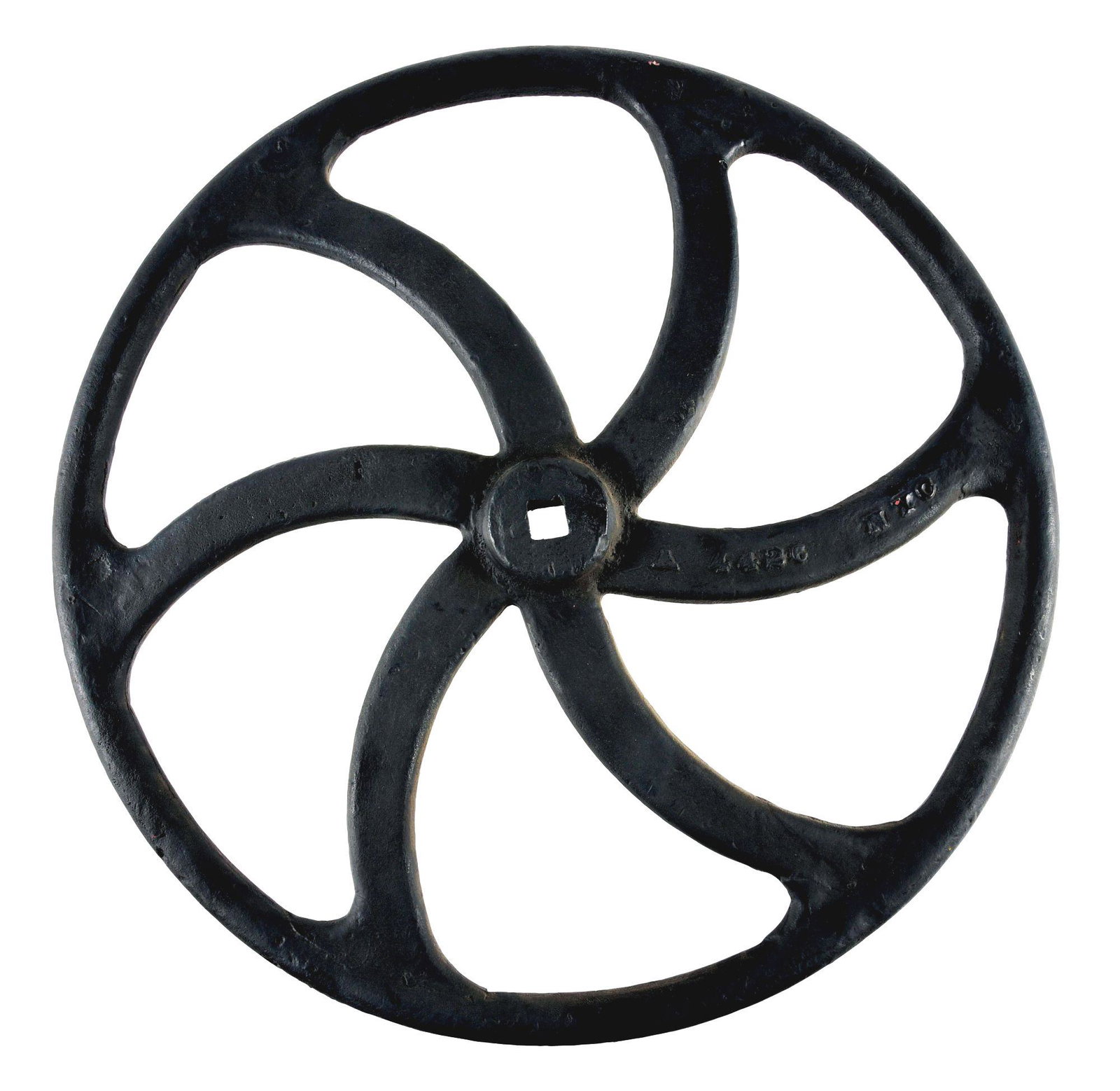 NEW YORK CENTRAL BRAKE WHEEL, CAST-IRON.: Fancy brake wheel measures 24" in diameter. Restored in flat black paint. Condition: (8.0). Dimensions: 2" T x 24" D.