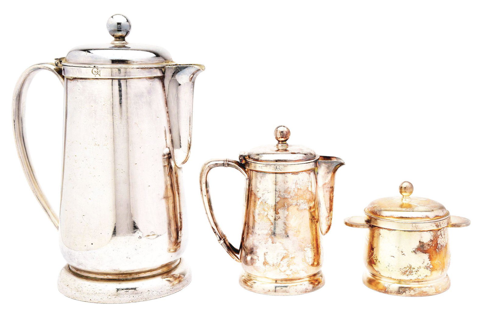 LOT OF 3: GREAT NORTHERN SILVER "MONOGRAM" PATTERN: Lot includes: first, an IS 54 oz silver pitcher with hinged lid, both sides marked "GN" on top edge and BS "Great Northern Ry"; second, an IS double handled condiment container with separate lid, BS "