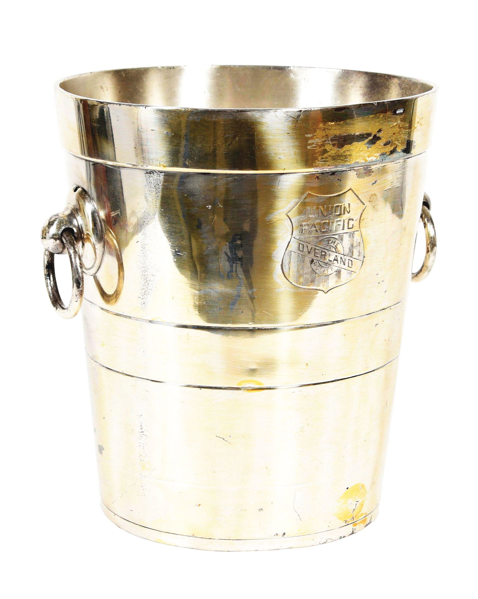 UNION PACIFIC ICE BUCKET.: Rogers Bros 9" tall, 8" diameter double ring handled with outstanding "U P Overland Route" logo on the side. Great piece with a few dents and plating loss. Condition: (Very Good). Dimensions: 8 - 5/8"