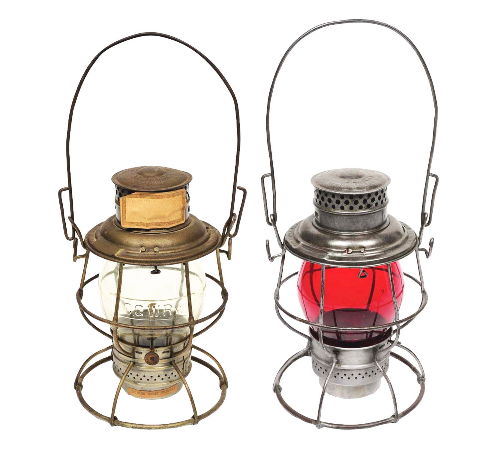 LOT OF 2: T&NORR ADAMS & WESTLAKE RELIABLE AND CGW RY: The first, "T & N. O. R.R." Adlake Reliable three-piece lid style, good A & W No. 250 fount/burner set. Red unmarked Cnx style globe. The second, "C.G. W. Ry" embossed on three-piece lid style reliabl