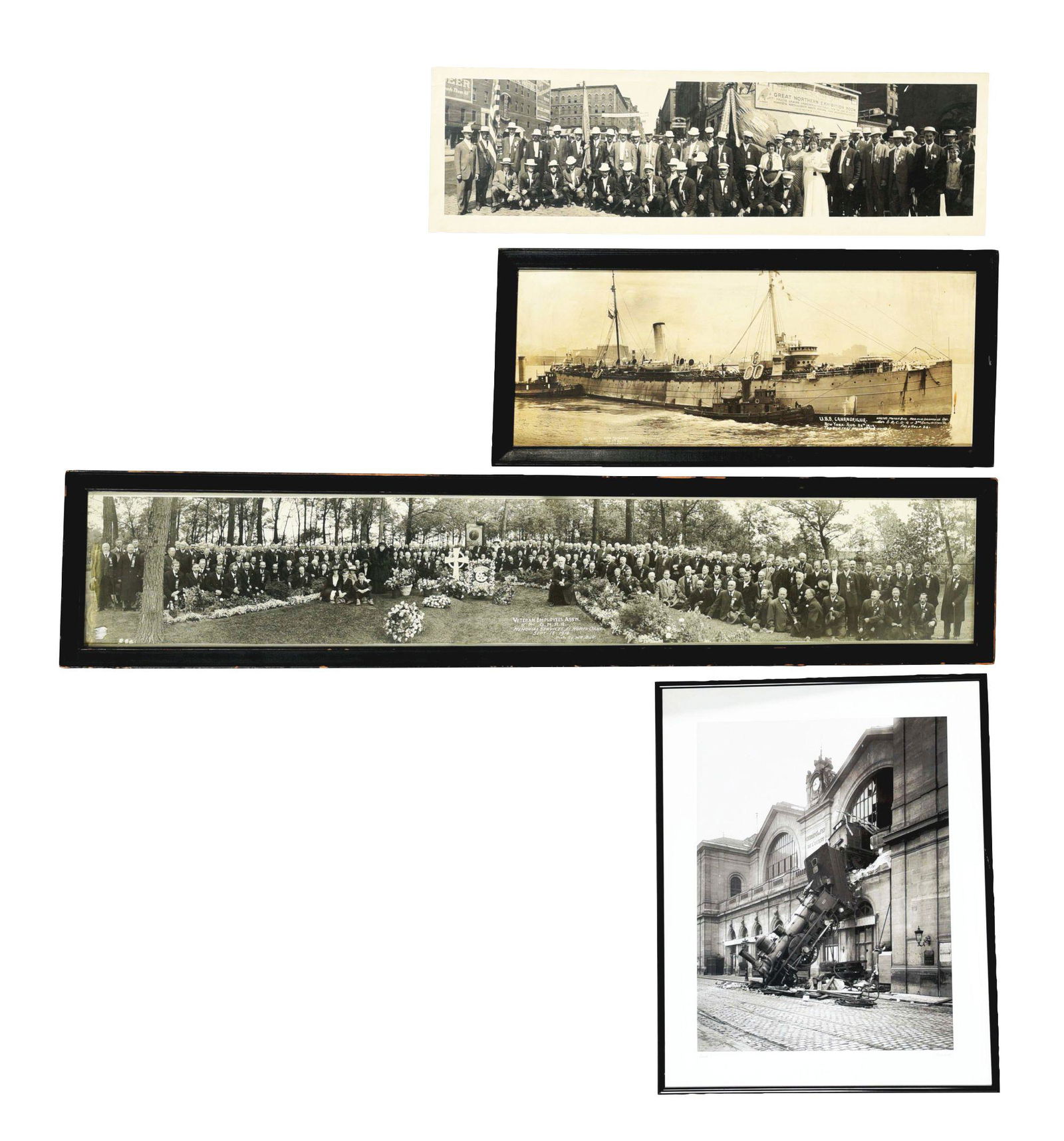 LOT OF 4: LOCOMOTIVE PHOTOS.: Lot of four locomotive photos, the first one showing a train crashed through a building, marked "Anon Accident", a very graphic black and white photo. The second item is a long black and white photo,