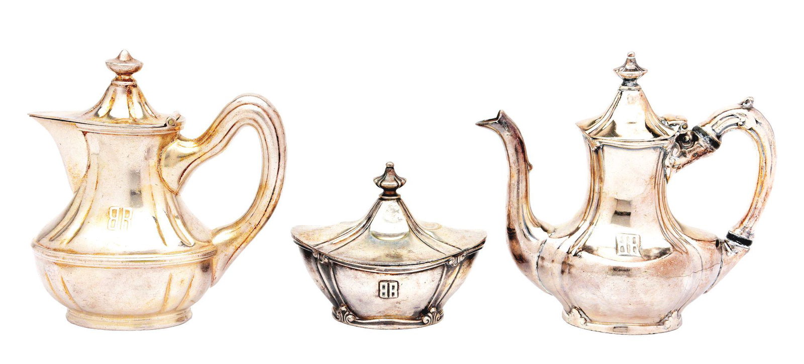 LOT OF 3: BURLINGTON ROUTE RAISED LOGO SILVER SERVING: Lot includes: first, a R&B 6 oz condiment container with separate lid, side marked "BR"; second, a R&B 1 pt. teapot with hinged lid, side marked "BR"; and third, a Mulholland Bros. 1 pt. teapot with h