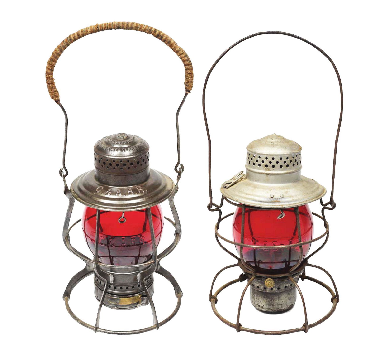LOT OF 2: C&ARR A&W "ADAMS" AND CM&STPRY HANDLAN: The first, "C&ARR" A&W 1889 No. 11 "Adams" Steel Guard, single guard model, correct fount with No. 1 ratchet burner, globe holder and latch spring are replacements, insulated copper wire bail wrap. Re