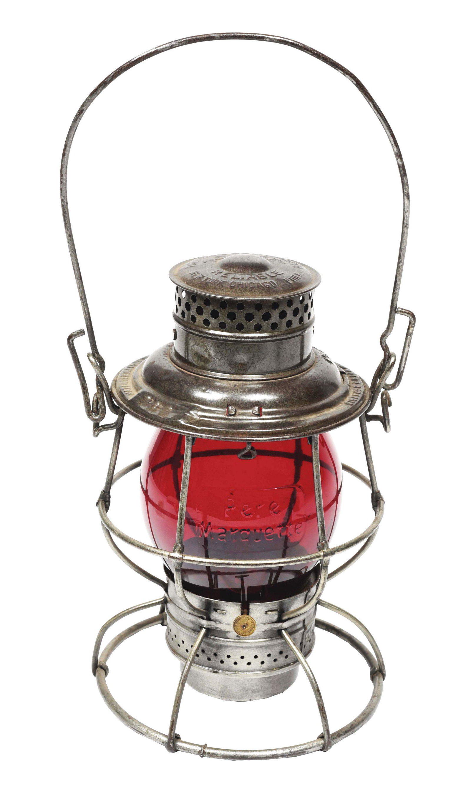 PERE MARQUETTE A&W RELIABLE RAILROAD LANTERN.: Pere Marquette Adams & Westlake Reliable three-piece top, single wire guard, serial No. 264 stamped in panel, good fount with No. 1 ratchet burner affixed. Red Corning NonEx globe is embossed with a r