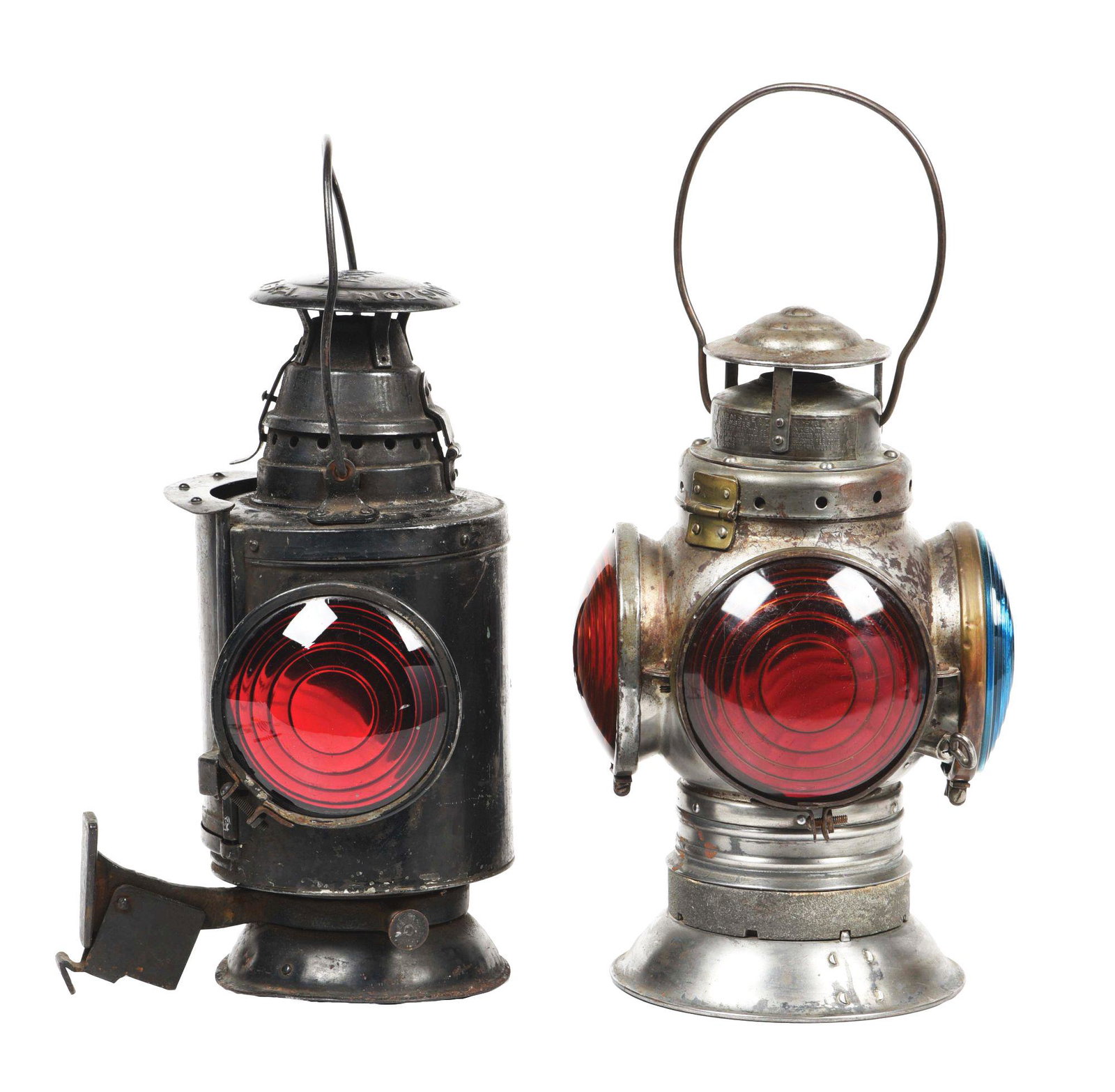 LOT OF 2: BELLBOTTOM MARKER LAMPS.: The first has "L&NRR" small on affixed tag. Armspear maker with two yellow, one green, and one red lens, missing fount. The second is an unmarked Dressel class lamp with one clear and one red lens, mi