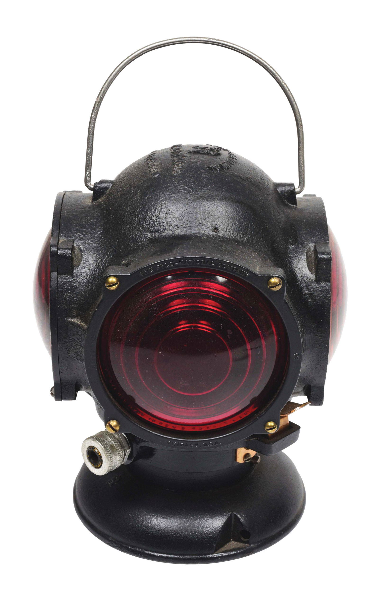 PYLE-NATIONAL 4-LENS MARKER LAMP.: Diver's helmet style marker lamp with two red lenses and two amber lenses. Electrical components intact, missing power cord. Condition: (8.0). Dimensions: 11 - 1/2" x 10" x 10".