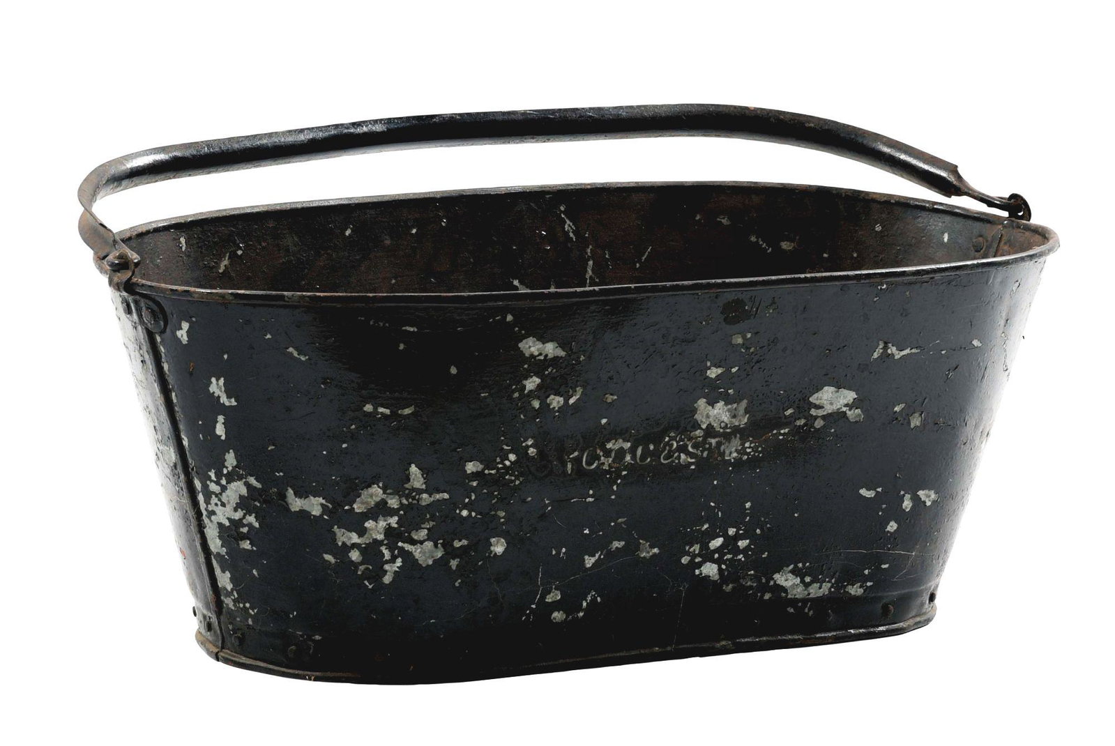 CCC & STL OVAL-SHAPED COAL BUCKET WITH STRAP BAIL.: Tin coal bucket in good condition with worn paint, embossed on the side "CCC & STL" for the Big Four railroad. Condition: (6.0). Dimensions: 10" x 24" x 13".