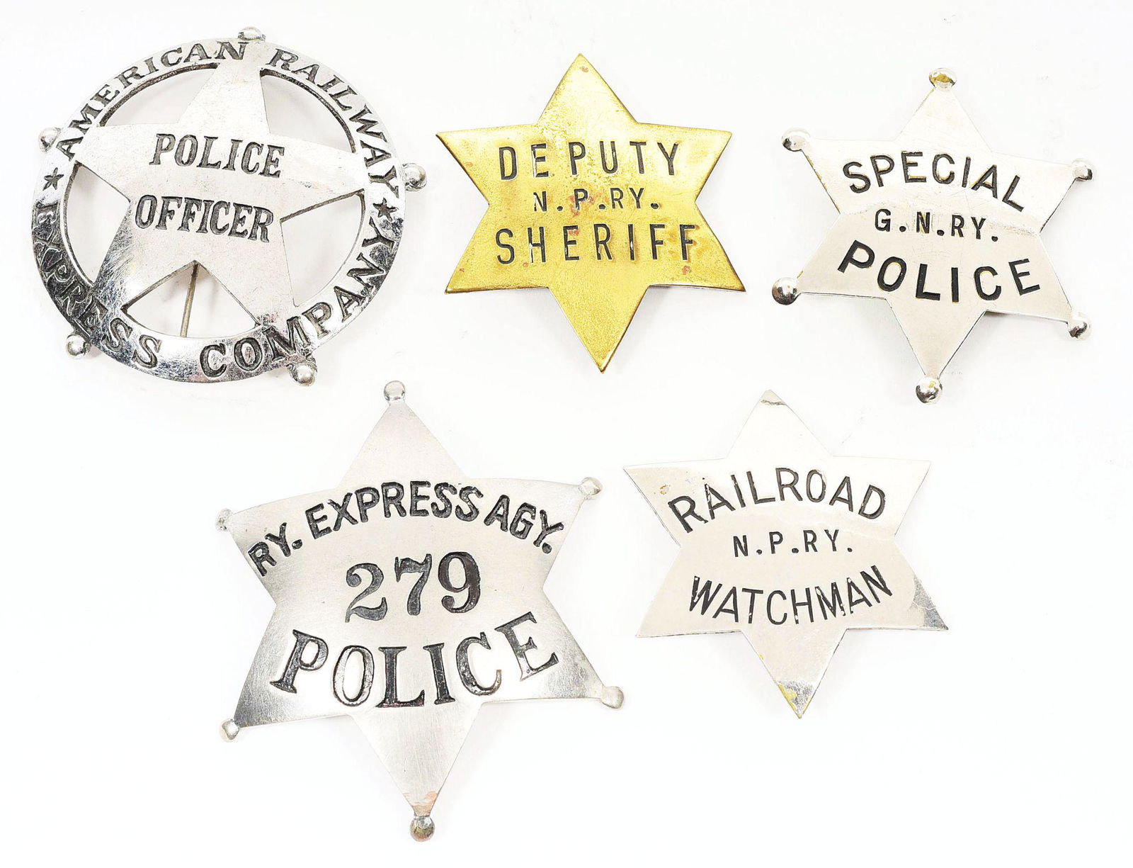 LOT OF 5: RAILROAD POLICE BADGES. (1 of 2)