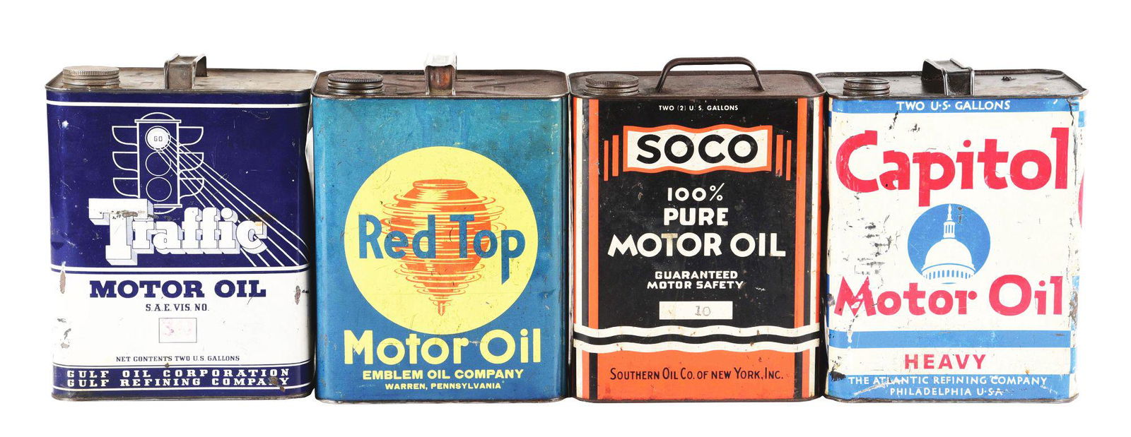 LOT OF 4: TWO GALLON MOTOR OIL CANS FROM SOCO, CAPITAL, (1 of 2)
