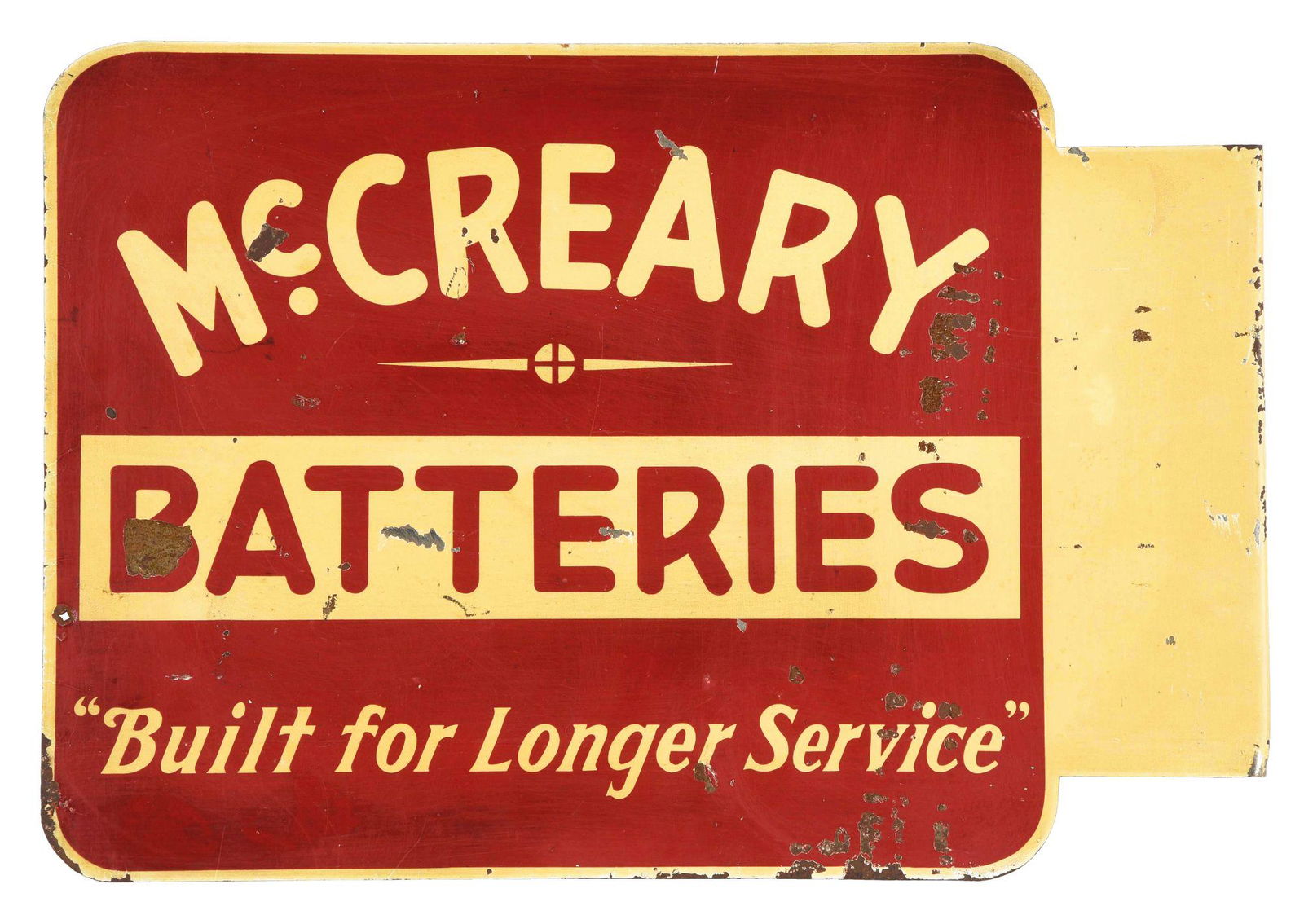MCCREARY BATTERIES TIN SERVICE STATION FLANGE SIGN.: DST. A nice example of this seldom seen sign from McCreary Batteries. Each side shows very good color & gloss but both show areas of paint loss and surface scratching throughout as well as some minor