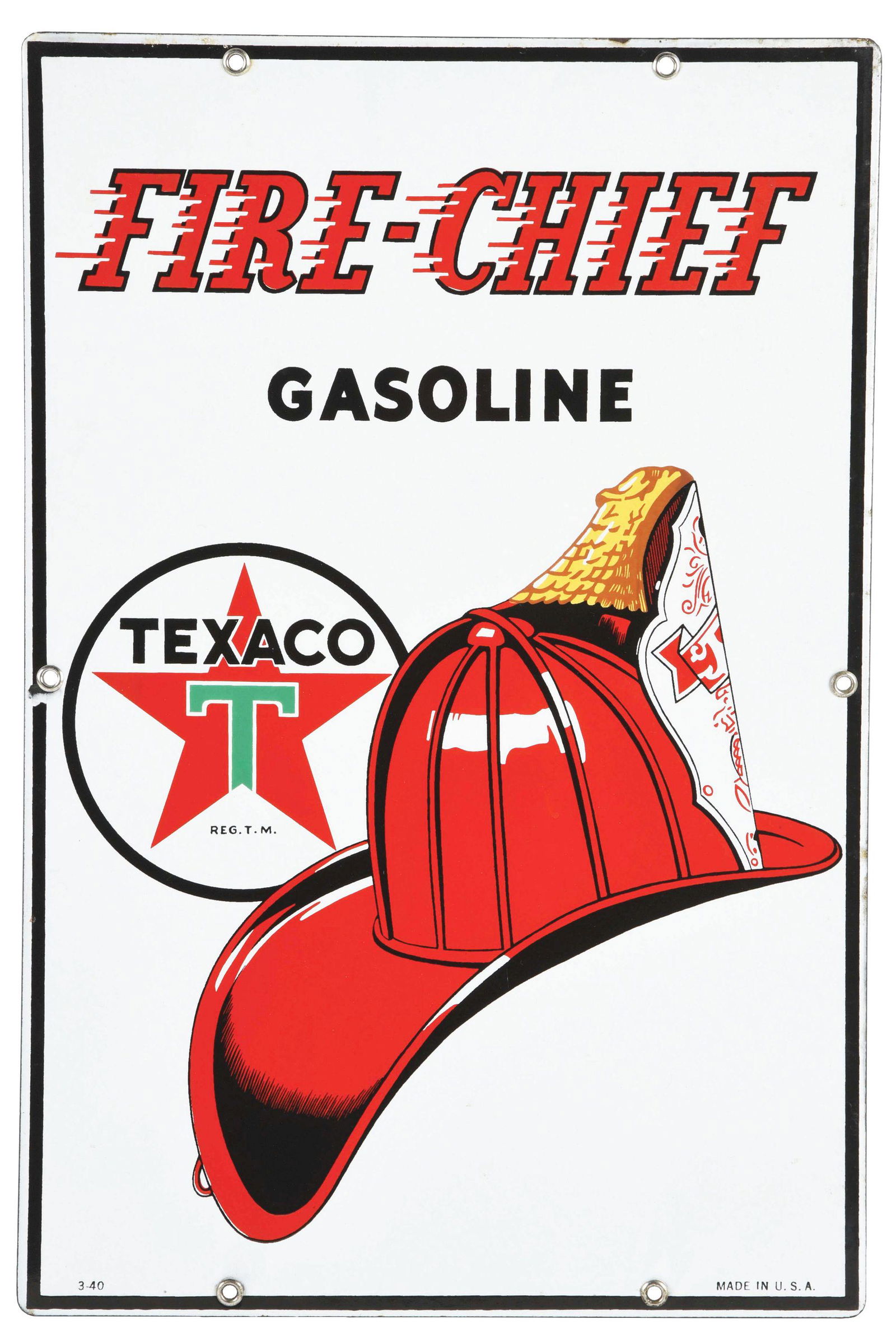 TEXACO FIRE CHIEF GASOLINE PORCELAIN PUMP SIGN. (1 of 4)