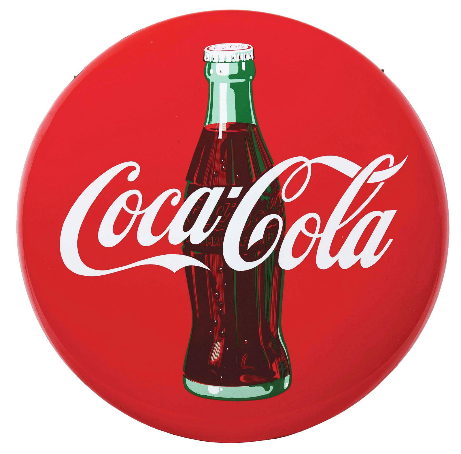 COCA-COLA BUTTON SIGN WITH BOTTLE. (1 of 2)